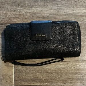 Fossil Black Glitter Wristlet Wallet with Logo Tab